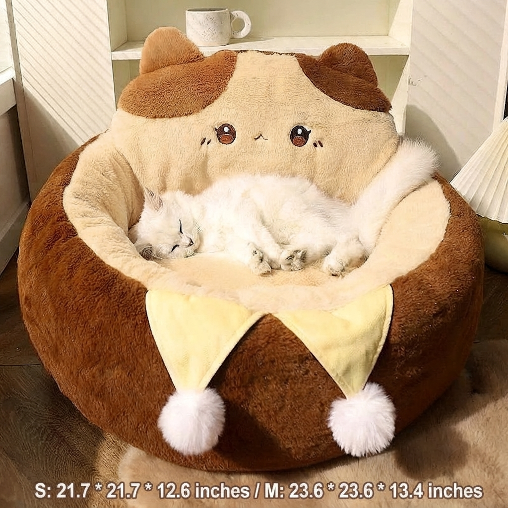 Round Plush Pet Bed With Warm Deep Sleep Cushion